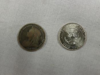 Copper Silver Victoria English Penny and  Half Dollar  Set